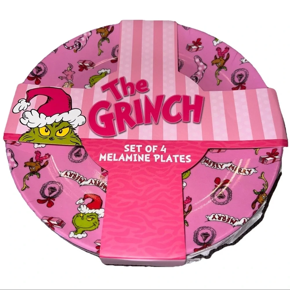 The Grinch Pink Melamine Plate Set of 4 Christmas Dr Seuss Bioworld NWT - Picture 3 of 6